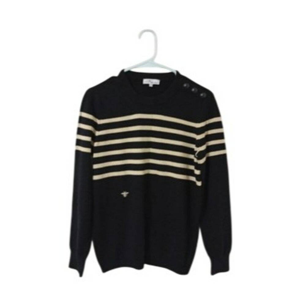D Uniforms Womens Black & Beige Striped Sweater Button Shoulder Detail Sise M